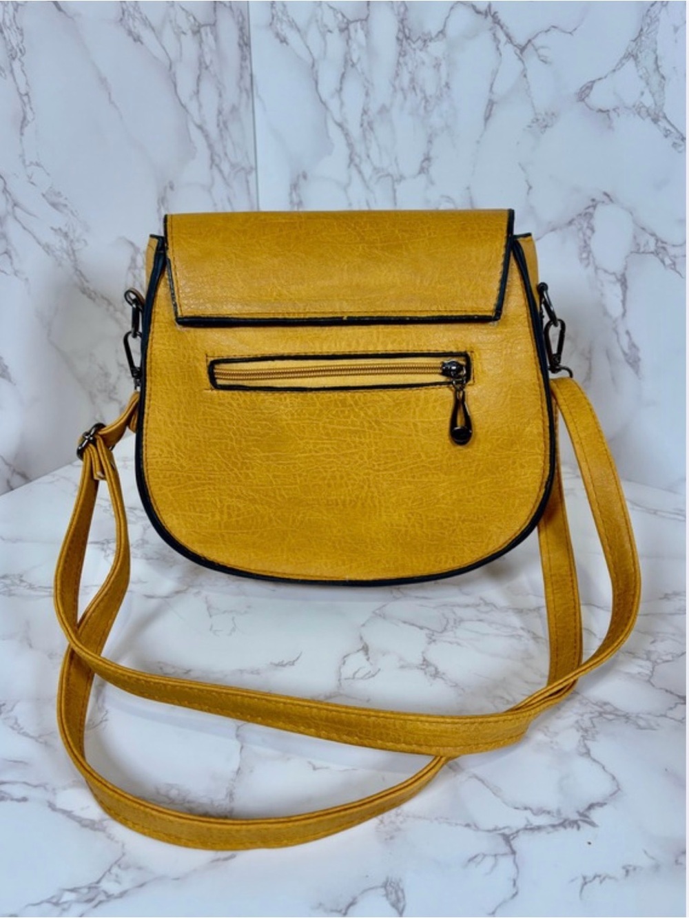 A-1CS-4D: PURSE: Gold/Mustard w/Black Detailing & Crossbody Strap, EUC - Picture 3 of 11